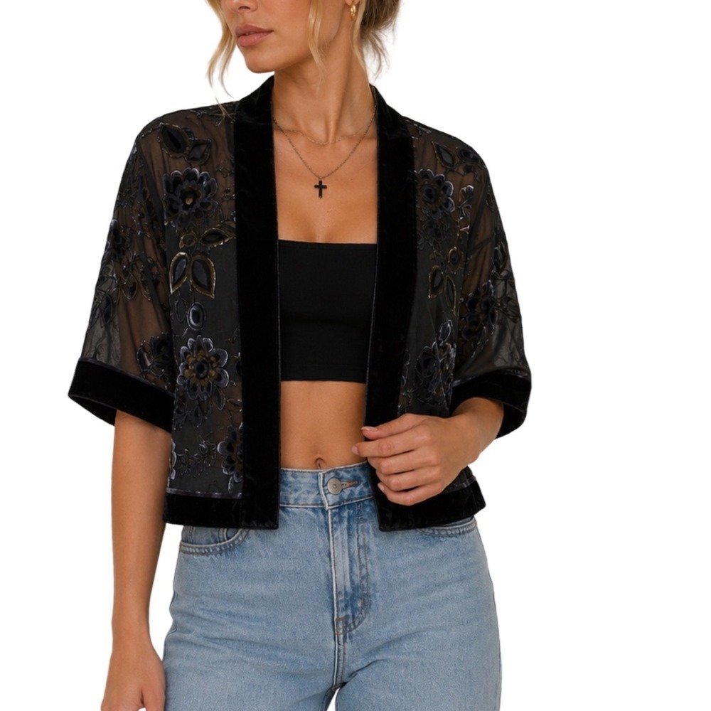 Black Velvet Burnout Floral Kimono Wrap Sheer Whimsy Fairy Goth dark romantic